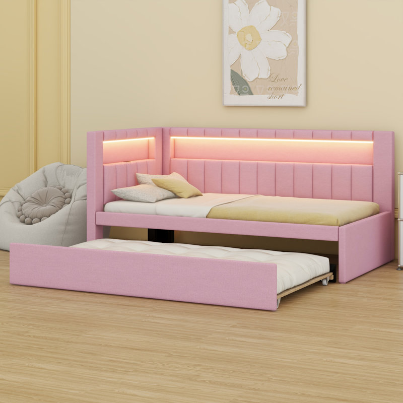 Lit plateforme tapissier avec ceinture à DEL, ports USB et lit gigogne, Rose
