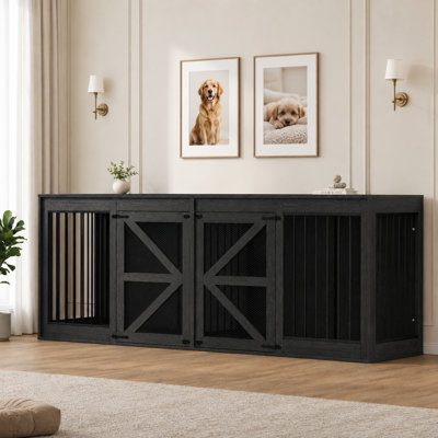 94.5" Double Dog Crate Furniture, Large Farmhouse Dog Crate TV Stand with Removable Divider & Solid Metal Tube,Black