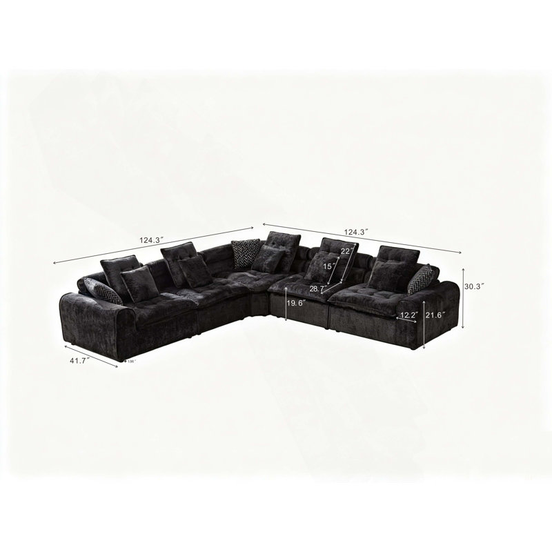 Canapé d'angle modulaire en laine d'agneau noire moelleuse de 316 cm (124,3 po), avec assise profonde et confortable, et coussins décoratifs pour le salon.