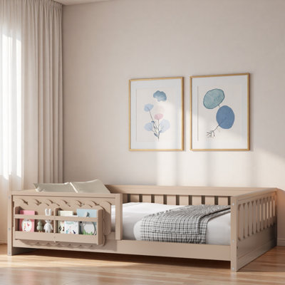 Wood Platform Bed With Guardrail And Storage Shelves