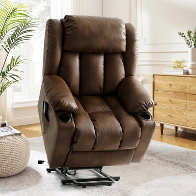 Fauteuil inclinable électrique Power Lift avec chauffage et massage, fauteuils inclinables en cuir avec porte-gobelet, charge USB, pour le salon (ocre)
