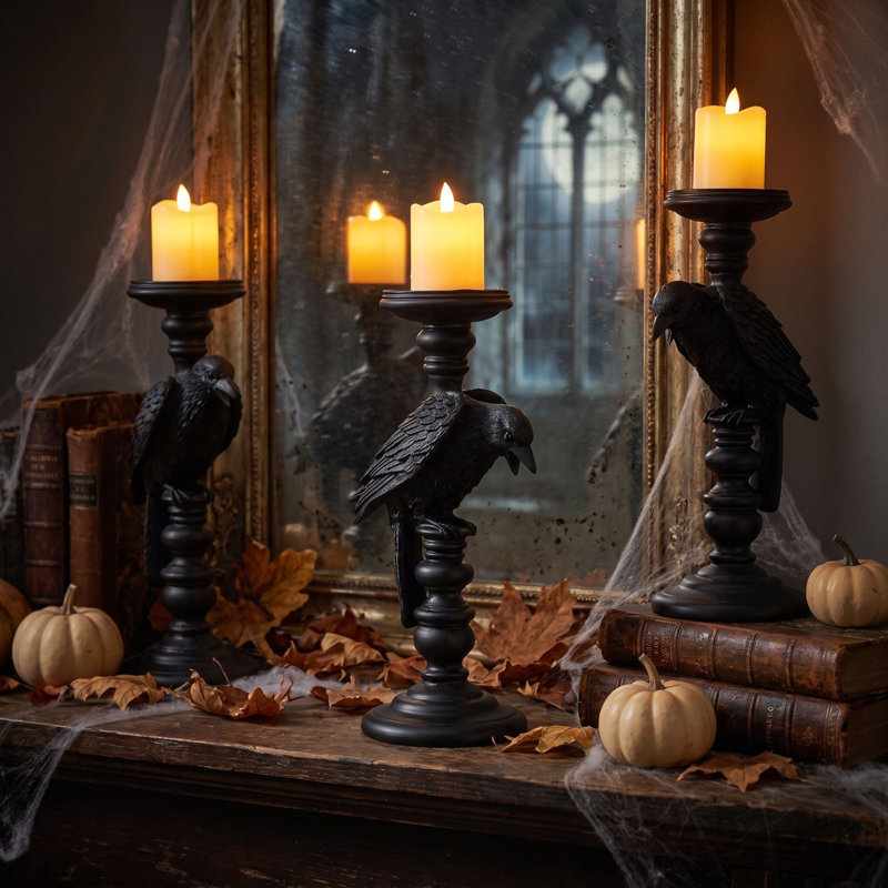 Décoration d'Halloween en résine - Bougeoir en forme de corbeau sur fond sombre pour la décoration de table