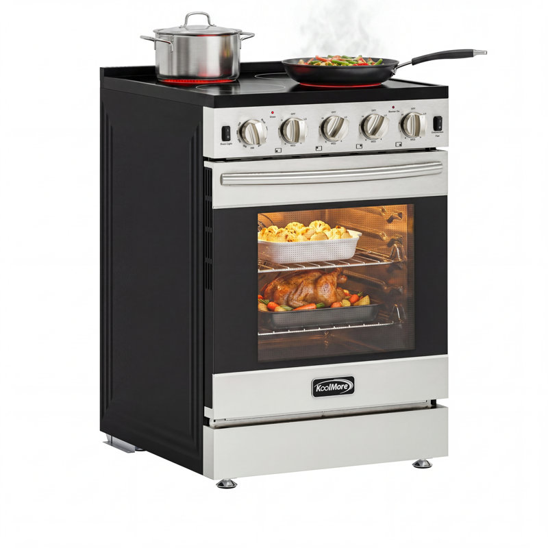 24 in. 4-Burner Electric Glass Top Slide-In Oven Range, 240V in Stainless Steel (KM-SER24-SS)