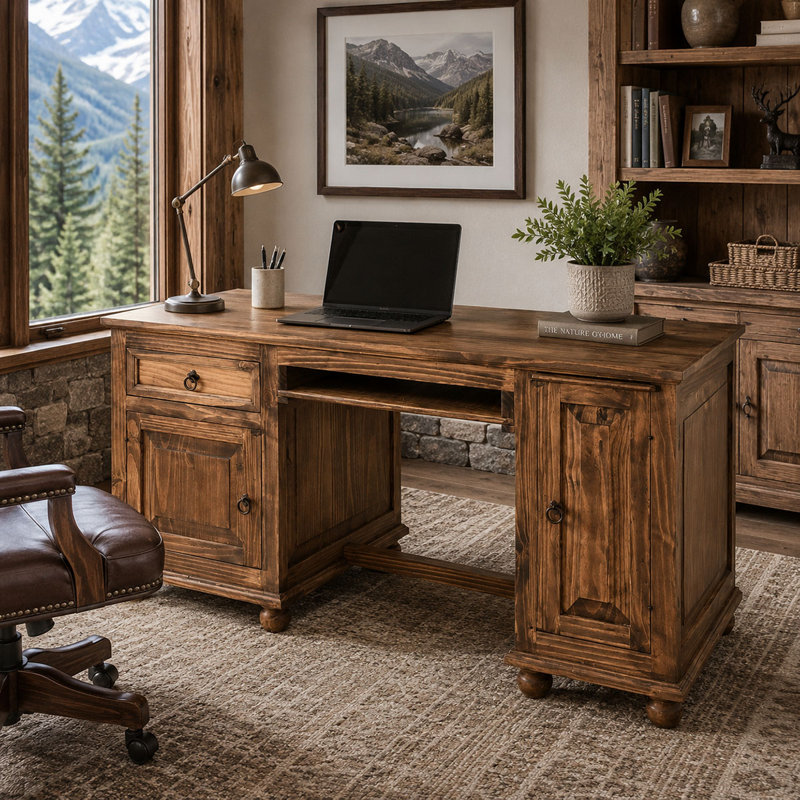 Bureau compact en bois massif (finition moyenne), Dark Brown