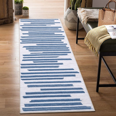 Tapis contemporain délavé à motifs abstraits et lavables avec lignes à rayures, bleu