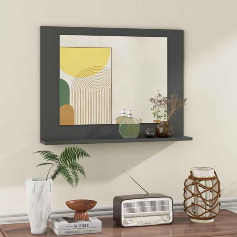 Miroir de salle de bain rectangulaire avec tablette 23,5 po x 17,5 po et cadre en bois, Gris