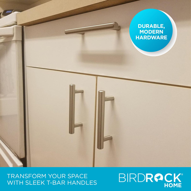 BIRDROCK HOME Simple Modern Rounded T-Bar Handle - Brushed Nickel - 3.75 Inch Kitchen & Bathroom Cupboard - 25 Pack - Sleek Furniture Hardware - Drawer Pull Trad - Stylish Stainless Steel Design
