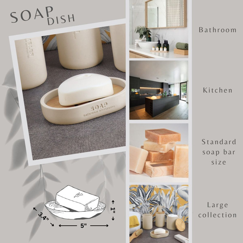 Beige Polyresin Soap Dish with Natural Bamboo Base