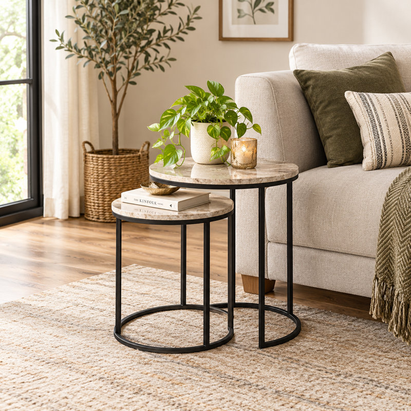 Tables gigognes | Table basse gigogne en marbre brun avec structure en métal, Black, Brun