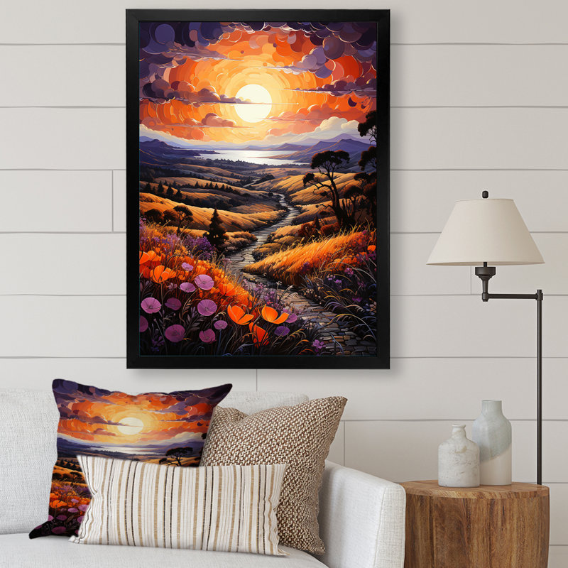 Lindoro " Sunset Tangerine Twilight Patchwork II ", Black Picture Framed, 40" H x 30" W x 1.5" D