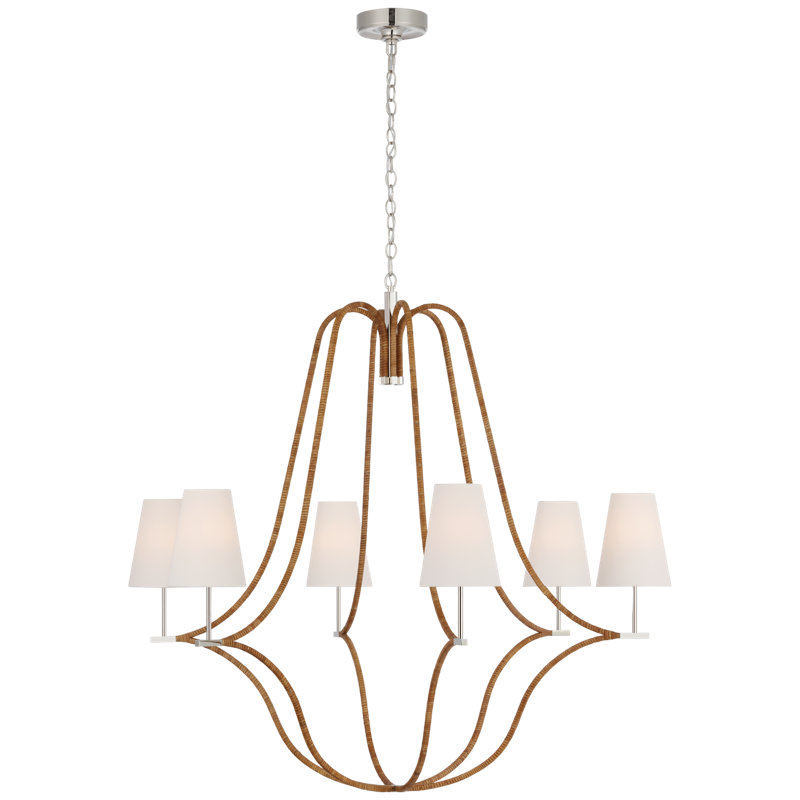 Biscayne 6 - Light Chandelier, Antique-Burnished Brass/Natural Rattan, 42.75" H x 45.75" W x 45.75" D