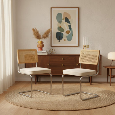 Mid-Century Modern Velvet Dining Chairs - Olive Green Upholstered Rattan Back & Stainless Steel Cantilever Base