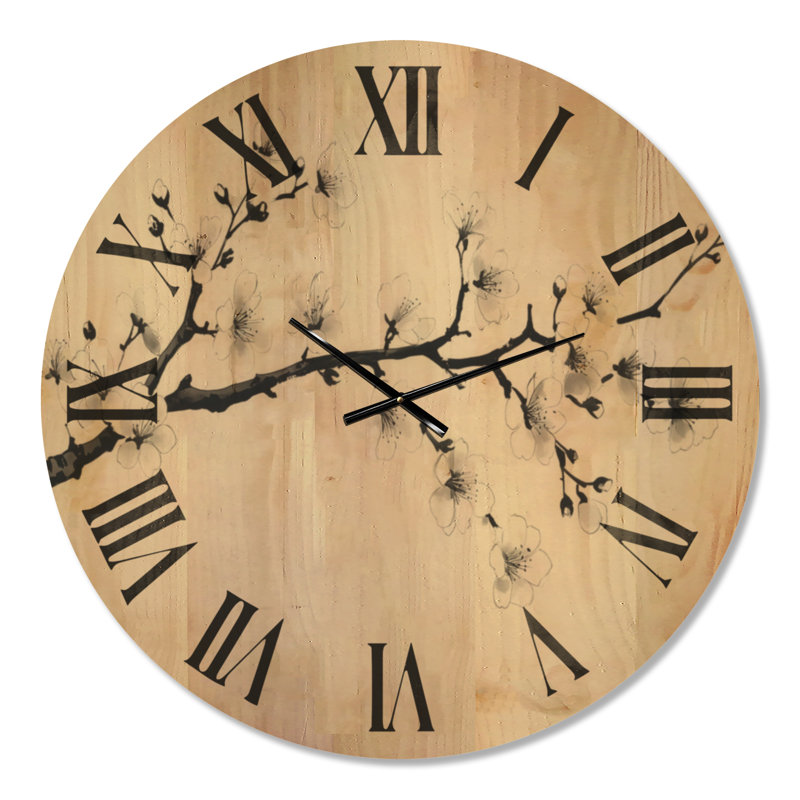 Horloge murale surdimensionnée Ink Bloom Branch - Japandi, imprimée sur bois, Extra Large