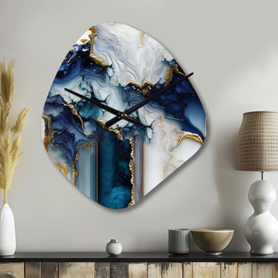 Horloge murale abstraite géométrique blanche et bleue I - Marble