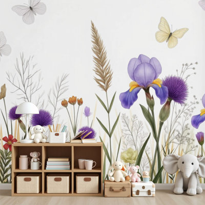 Papiers peints adhésifs à motif de fleurs de chardon de prairie et de papillons mauves H 69 po x l 96 po, papier peint amovible en PVC, adhésif pour chambre à coucher, bureau à domicile