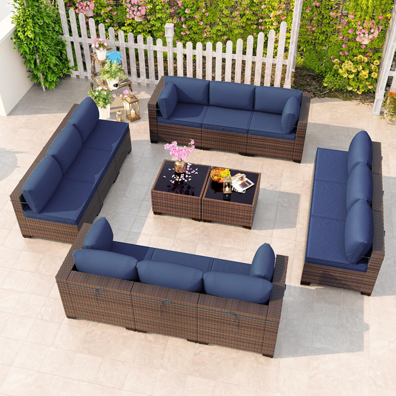 Demaio 14-Piece Rattan Sectional Seating Group With Cushions Modular Outdoor Furniture Set For Patio Garden And Poolside