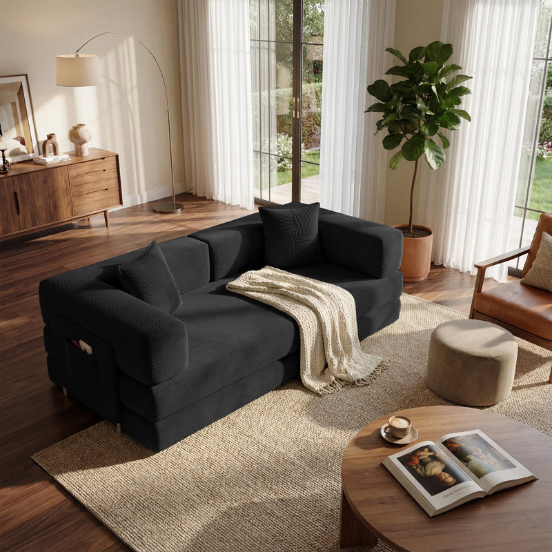 78.8'' Corduroy Convertible Sofa Bed Upholstered Sleeper Sofa with Armrest and Pillow, Black
