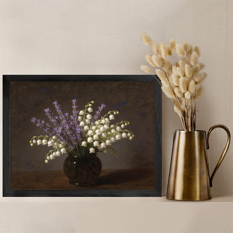 Reproduction d'art encadré noir, beau muguet et lavande dans un vase, H 25 po x l 37 po