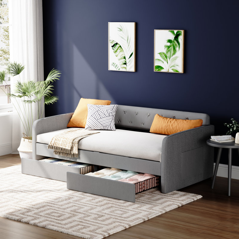 Gray Twin Daybed Chenille Upholstered Guest Bed Sofa Bed With Storage Drawers, Gray