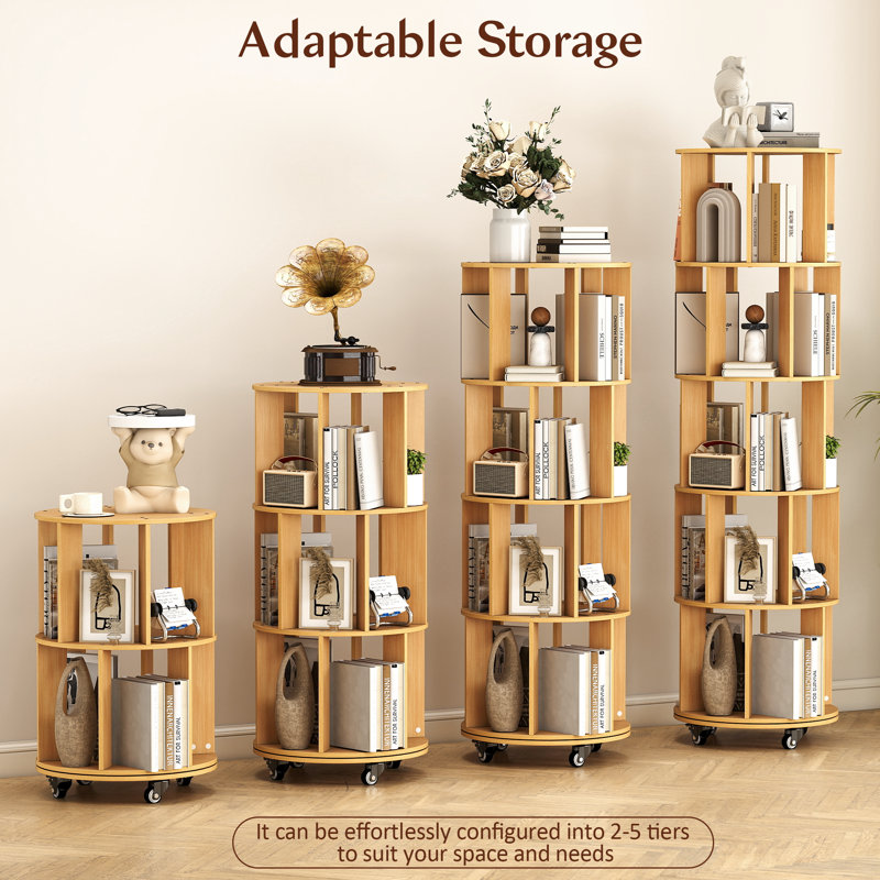 5-tier 360° Rotating Bookshelf With Wheels, Adjustable 2 To 5 Tiers Storage, Natural