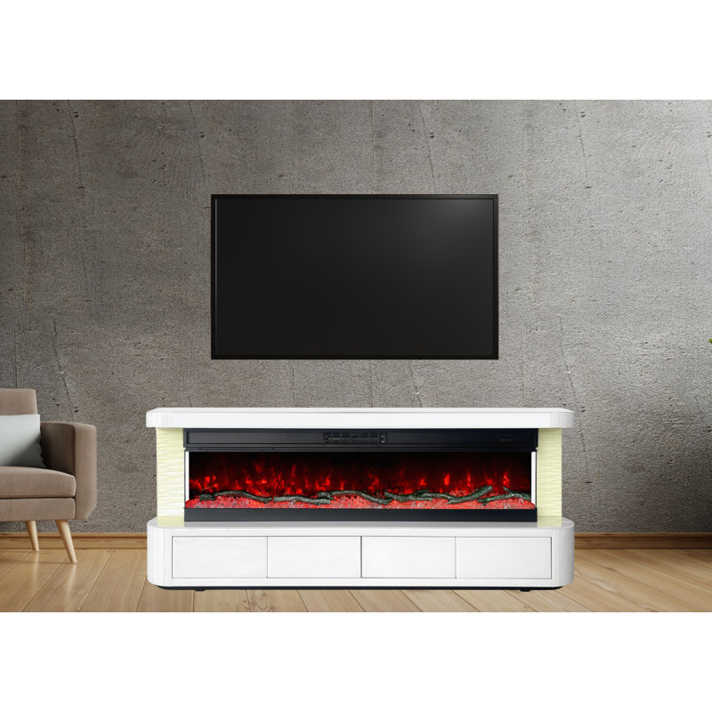 High-gloss Tv Stand/electric Fireplace With 4 Drawers, Rgb Led Lights, Bluetooth Speaker, Remote-no Assembly Needed, White