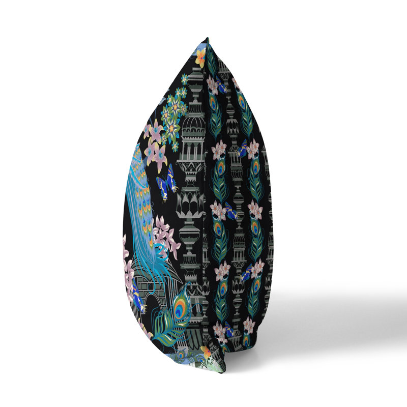 Housse de coussin intérieur / extérieur en polyester Peacock Paradise, 26 po x 26 po, Noir