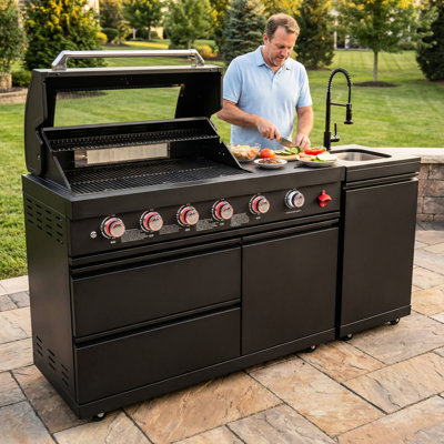 Barbecue au gaz 46 pouces 4 72000 avec grilles de cuisson en acier inoxydable, allumage électronique et armoires de rangement Brûleur infrarouge arrière en céramique pour la cuisine extérieure, grille de réchauffement, jauge de température