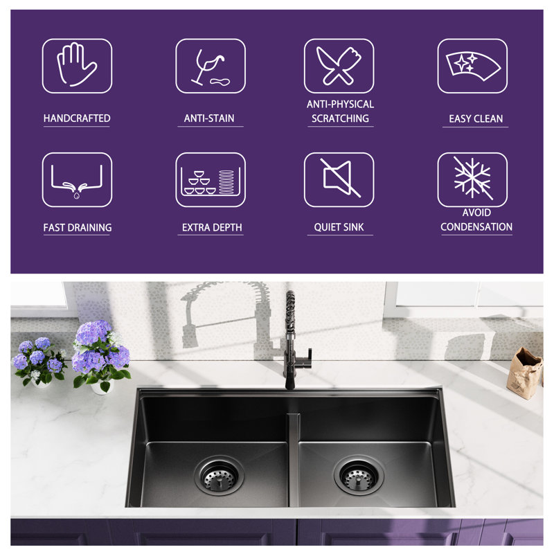 Évier de cuisine encastré noir 33 po x 19 po Gunmetal - 18 cuves doubles en acier inoxydable, robinet, passoire profonde, grille de fond de serviette, support