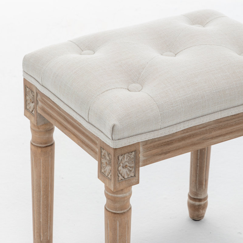 Tabouret de coiffeuse capitonné avec revêtement en lin et pieds en bois sculpté, Beige / patchwork, Beige