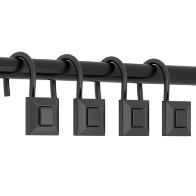 12 Piece Set - Matte Black Square Heavy Duty Shower Curtain Hooks Rings Rustproof Metal