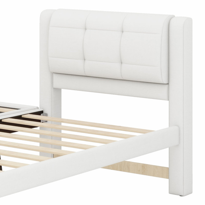 Lit plateforme tapissier contemporain avec lit gigogne escamotable, Beige
