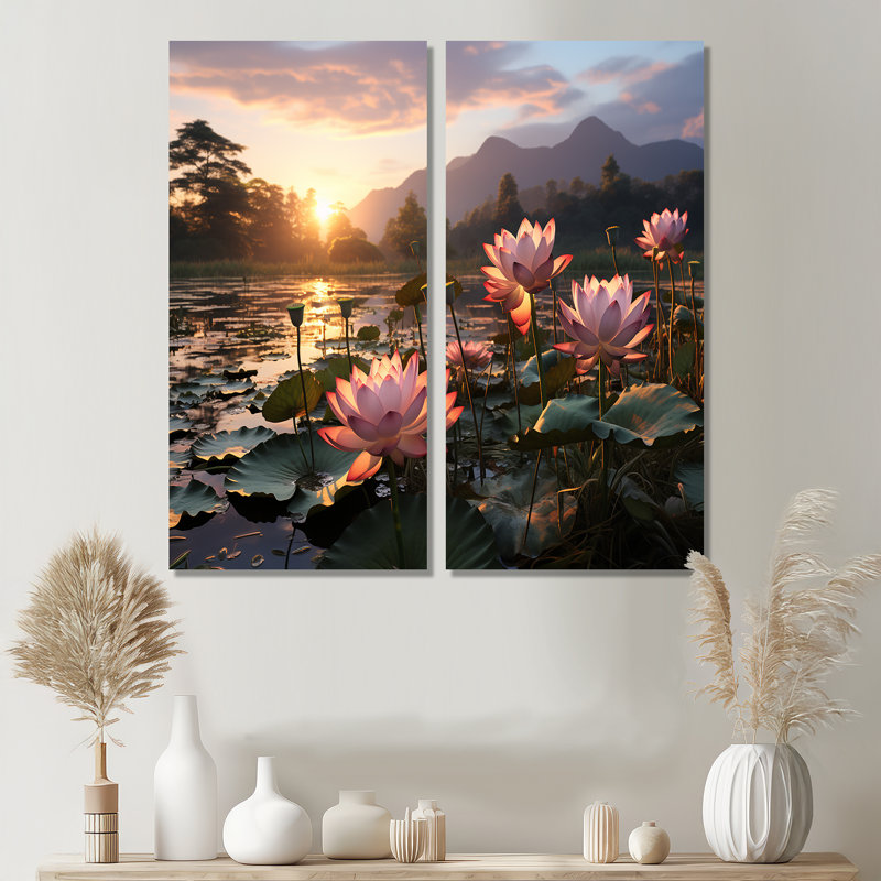 Champ de lotus rose vert avec coucher de soleil - Art mural rose, H 40 po x l 40 po, Toile tendue, Ne s’applique pas