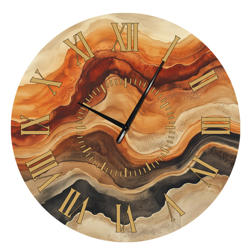 Horloge murale en métal grand format de style Mid-Century, motif abstrait Warm Earth Flow Ink, Surdimensionné