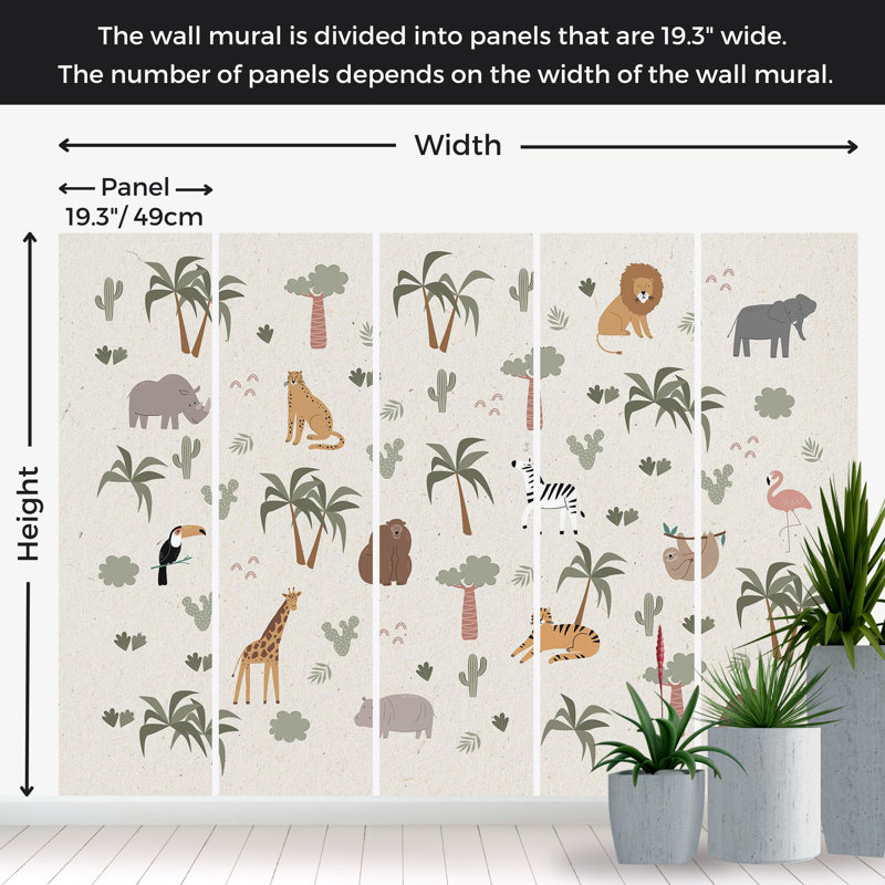 Adhésif mural pelez et collez pour enfants - Dessin de composition de jungle, L 68 po x l 96 po