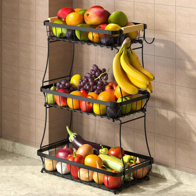 Three-Layer Kitchen Countertop Fruit Basket With Two Movable Banana Hooks; Detachable Metal Fruit Bowl With Wooden Handle; Fruit Rack, Which Can Hold Bread, Snacks And Vegetables, With Protective Pads