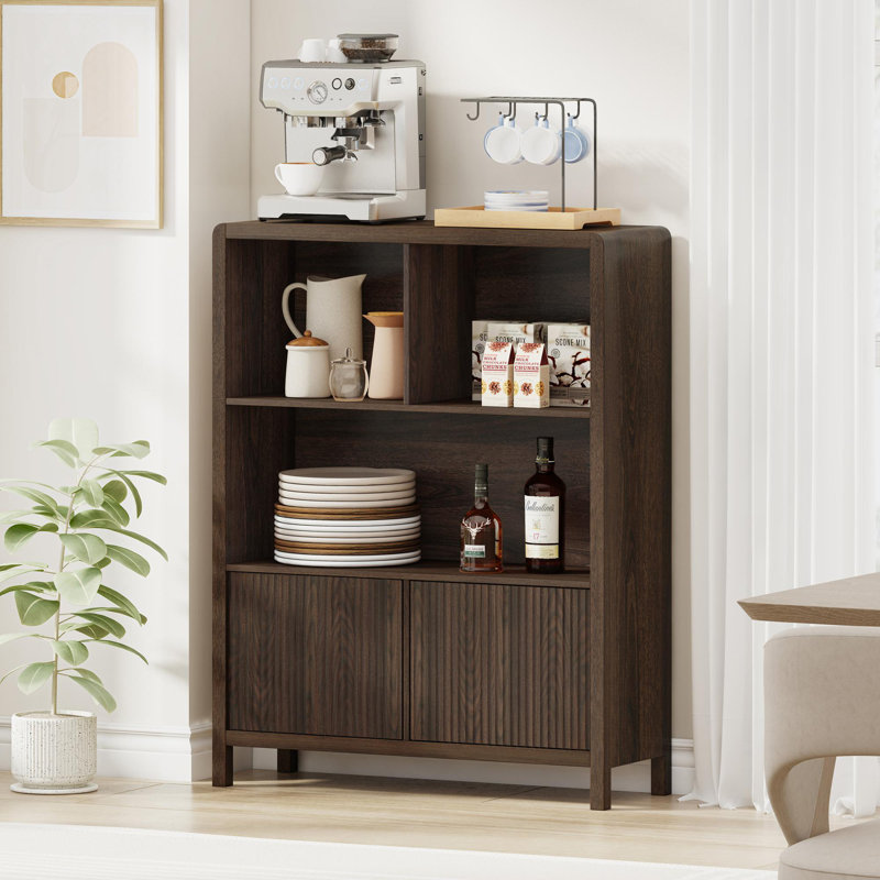 Guinna 31.5'' Modern Farmhouse 5-Cube Bookshelf With Wave-Pattern Doors And Rounded Corners, Bookcase Organizer For Living Room, Bedroom, Or Home Office