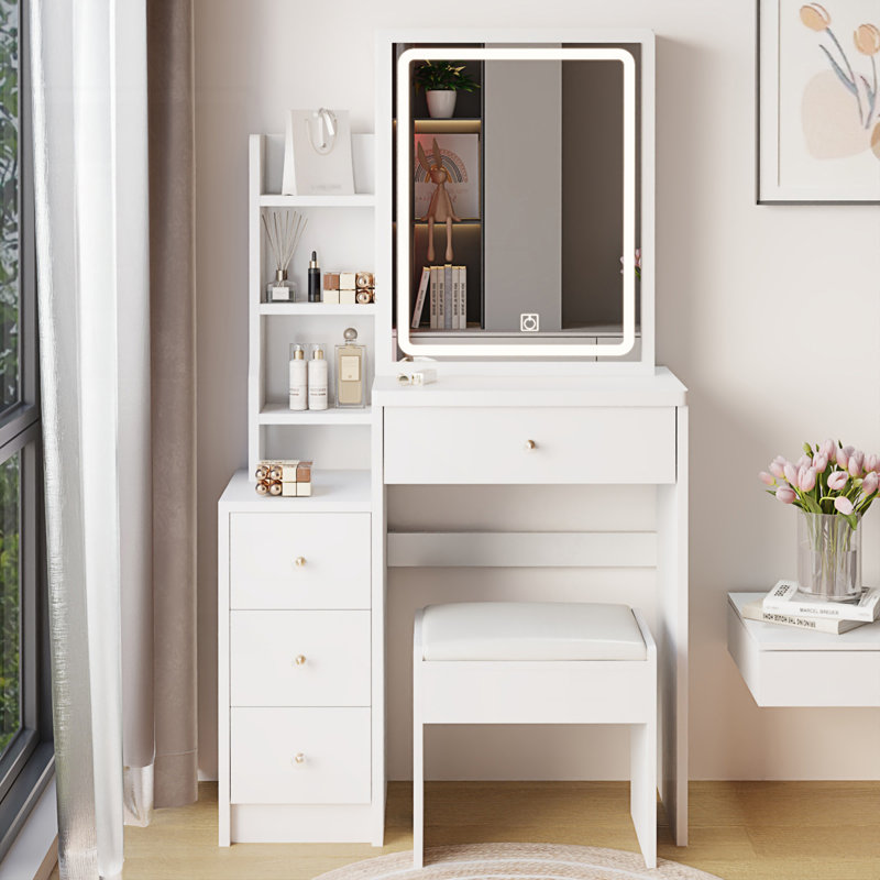 Small Size Left Bedside Cabinet Vanity Table And Cushioned Stool