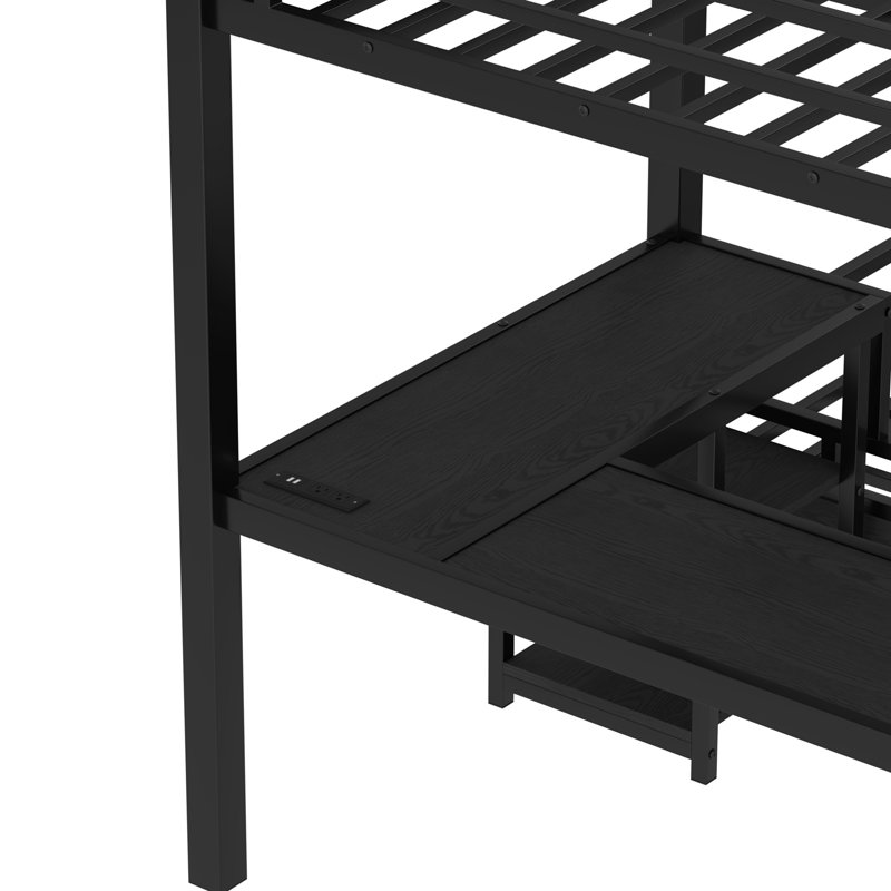 Twin XL Over Queen L-Shaped Metal Bunk Bed with Twin XL Loft Bed, Desk, USB Port, Storage Shelves and Slide