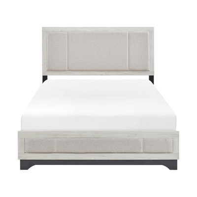Très grand lit contemporain à deux tons en chêne blanc et gris, tête de lit tapissier en tissu moderne avec finition grise, pour la décoration