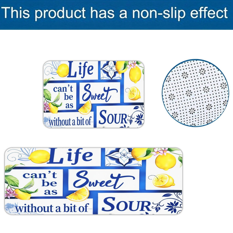 Blue Tile Lemon Quote 2 Pack Kitchen Area Rugs, Kitchen Sink Area