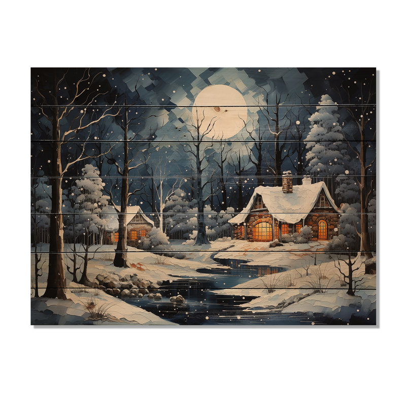 Christmas Winter Cottage Scenery II - Paysage d'hiver sur bois, H 24 po x l 32 po