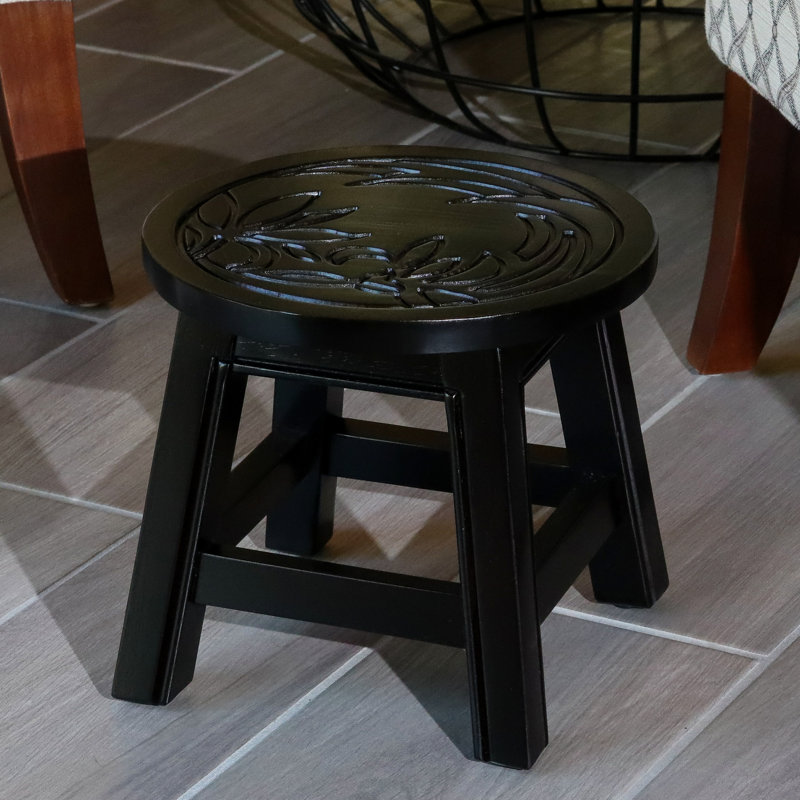 Step Stool, Whimsical Floral Carved Rubberwood – Kid's Seat, Ottoman | Wood|Solid Wood, Black