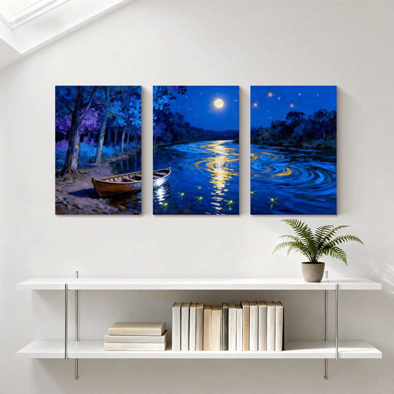Abstrait au clair de lune, bateau de nuit, paysage, étoiles scintillantes, ensemble de 3 impressions sur toile
