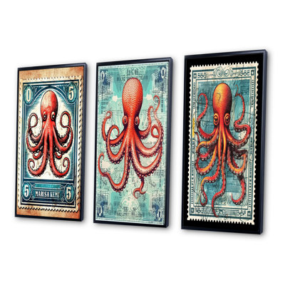 «Retro Stamp Portrait Of Red Octopus», 3 pièces sur toile