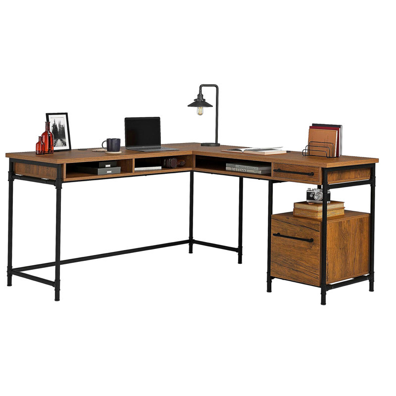 Bureau en L avec bureau épais de 1 pouce, finition brune