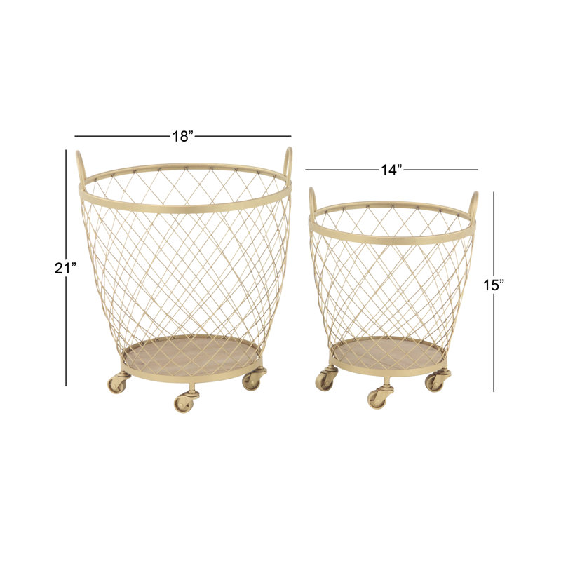 2 Piece Gold Metal Deep Set Wire Basket Storage Cart with Wheels and Handle Set