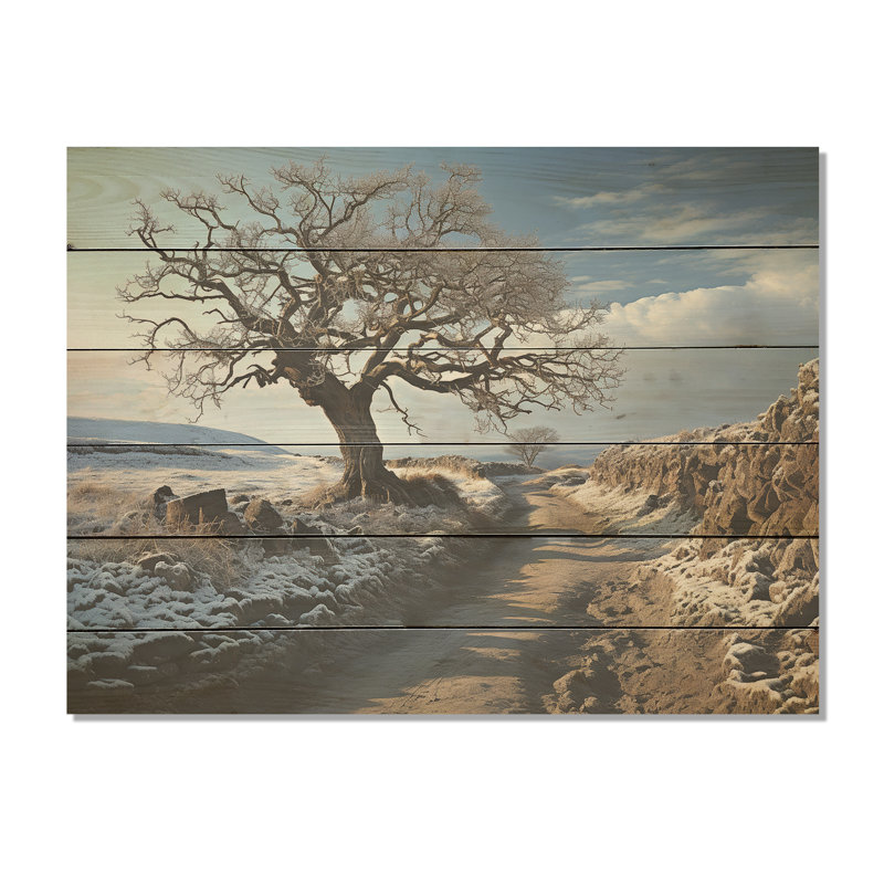 Paysage d'hiver de campagne - Art mural en bois campagne sur bois de pin naturel, H 24 po x l 32 po