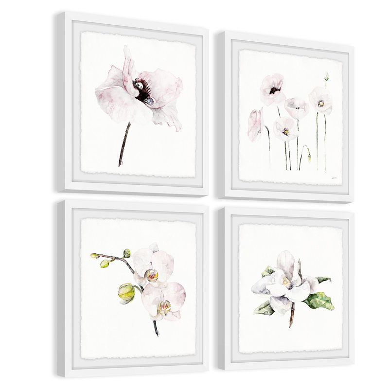 « fleur quartet », ensemble de 4 reproductions de peintures à l’aquarelle encadrées, H 12 po x l 12 po x P 1,5 po