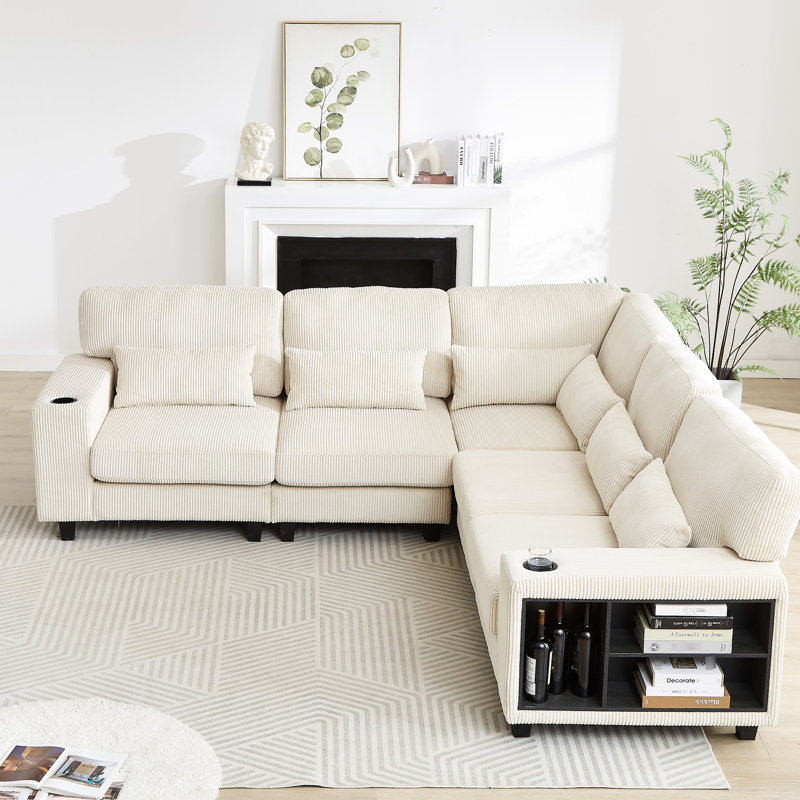 L-shaped Modular With Storage And Corduroy For Home Office High Sponge Filled Sectional Cup Holder, Beige