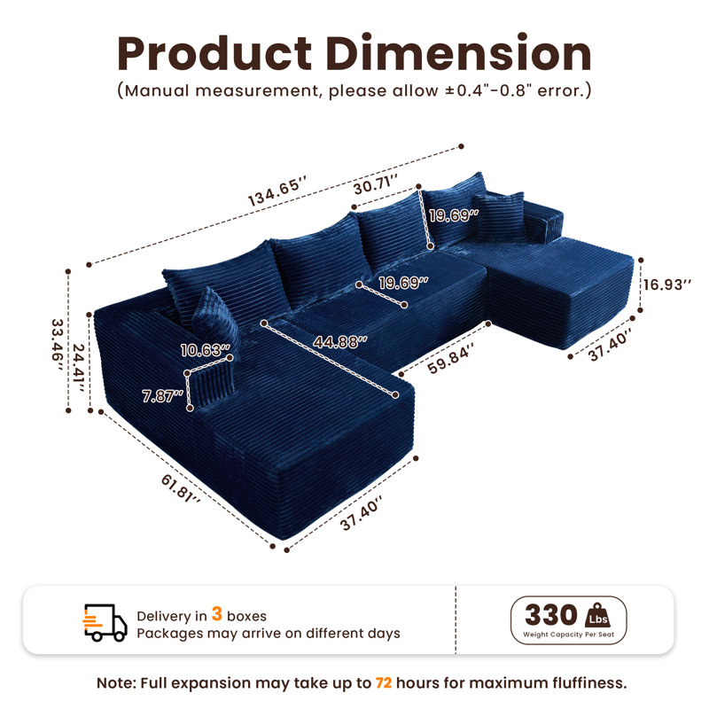 Boneless 134'' Cloud Modular U-shaped Sectional Sofa With Double Chaise, Upholstered Couch For Living Room Or Bedroom, Blue